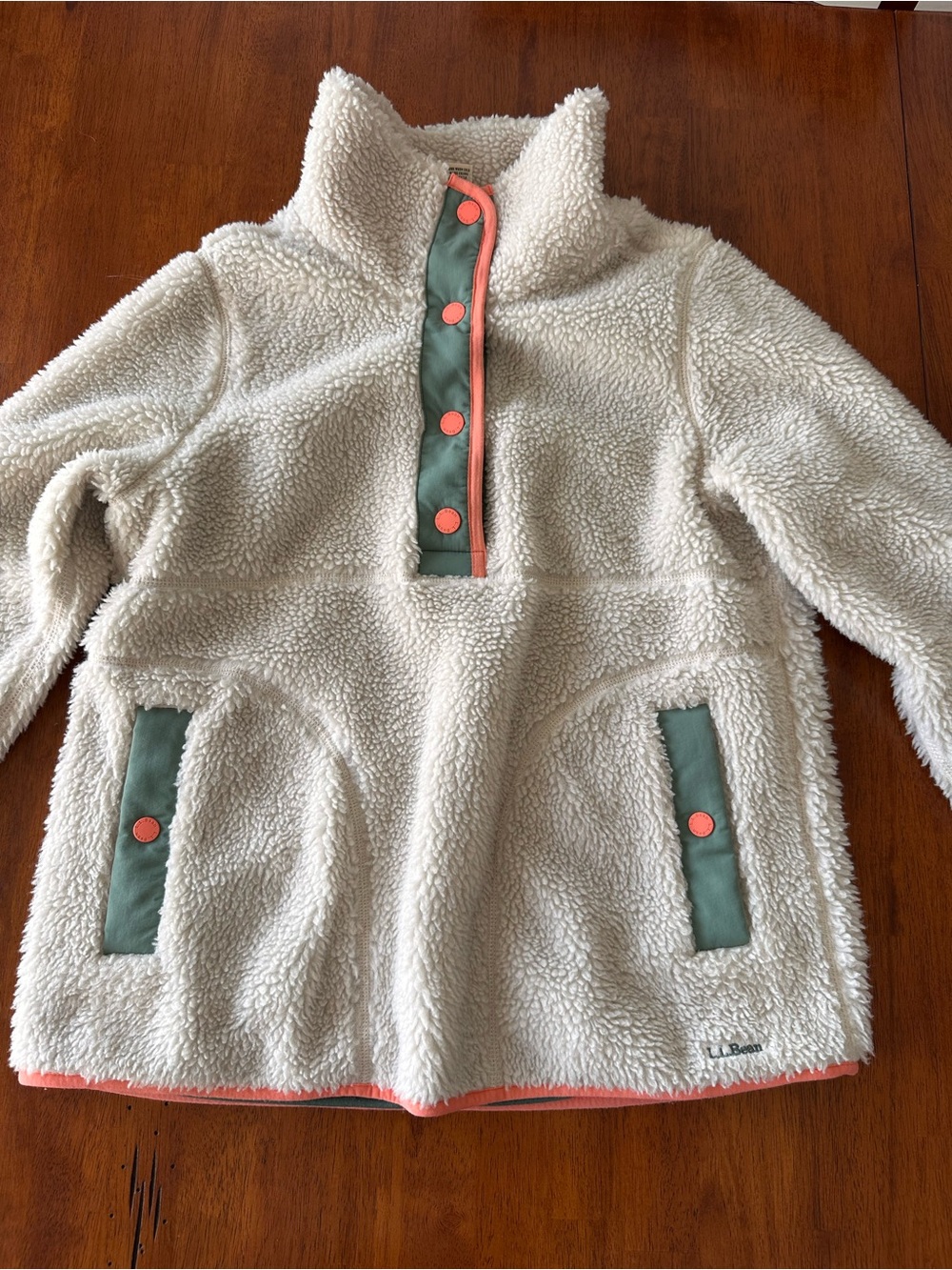 L.L. Bean Cream Sherpa Pullover with Green & Coral Trim
